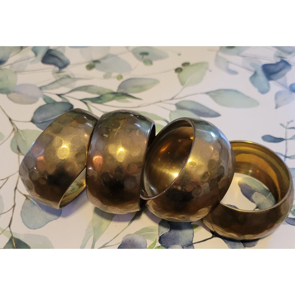 Vintage Brass Napkin Rings Set of 4 - Hammered Metal Tableware Cuff Holders